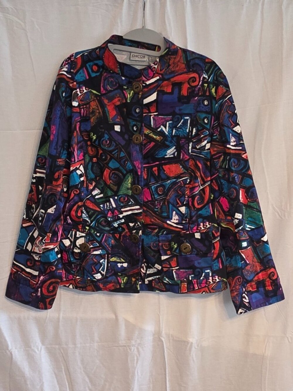 Chicos Womens Blazer Sz 2 Abstract Art Coat Jacket Autumn Fall Artist Inspired